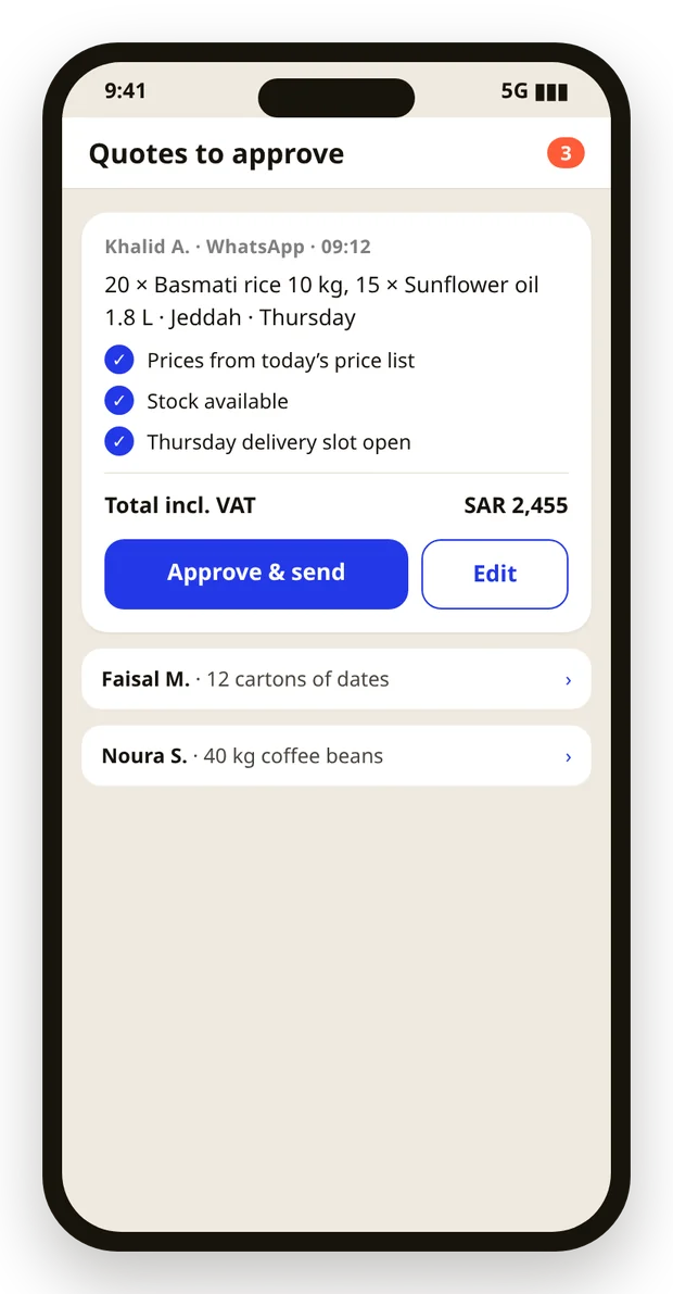 Phone screen: a drafted quote with price list, stock and delivery checks ticked, and an Approve and send button