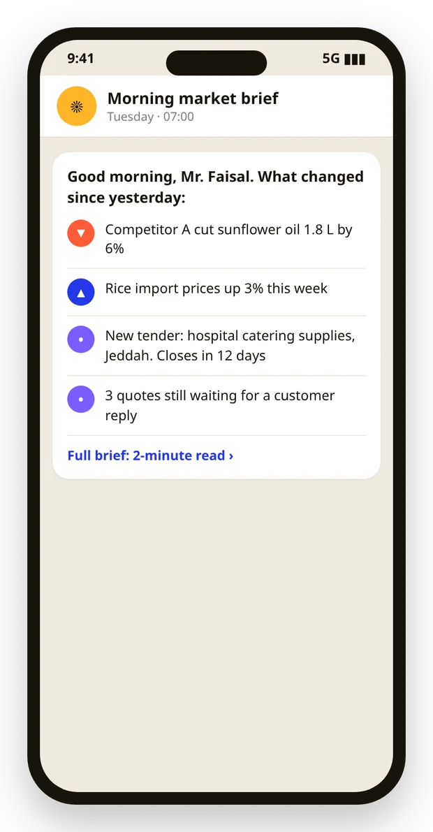 Phone screen: the morning market brief listing a competitor price cut, rising import prices, a new tender and quotes waiting for a reply