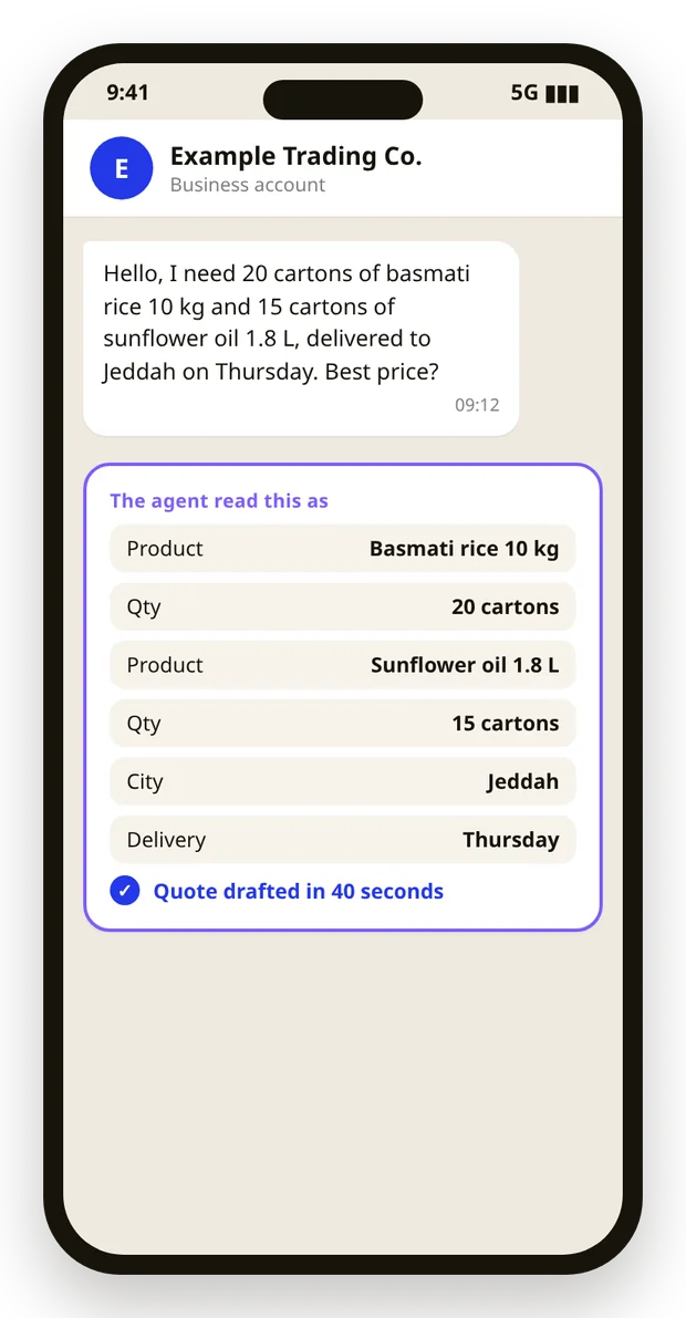 Phone screen: a customer's WhatsApp request for rice and oil, with the agent's summary of product, quantity, city and delivery day